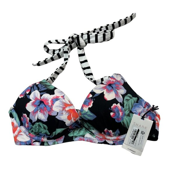 Shade‎ & Shore Bikini Top Womens 32B Tropical Floral Striped Halter Tie Resort - Picture 1 of 4